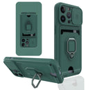 Sliding Camera Cover Design TPU Shockproof Phone Case with Holder & Card Slots For iPhone 13 Pro(Dark Night Green)