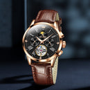OLEVS 9912 Hollow Flywheel Week Calendar Dial Luminous Mechanical Watch for Men(Rose Gold Shell Black Surface)