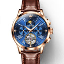 OLEVS 9912 Hollow Flywheel Week Calendar Dial Luminous Mechanical Watch for Men(Rose Gold Shell Blue Surface)