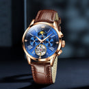 OLEVS 9912 Hollow Flywheel Week Calendar Dial Luminous Mechanical Watch for Men(Rose Gold Shell Blue Surface)