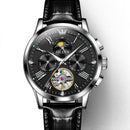 OLEVS 9912 Hollow Flywheel Week Calendar Dial Luminous Mechanical Watch for Men(Silver Shell Black Surface)
