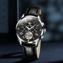 OLEVS 9912 Hollow Flywheel Week Calendar Dial Luminous Mechanical Watch for Men(Silver Shell Black Surface)