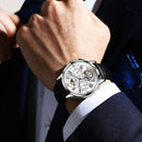 OLEVS 9912 Hollow Flywheel Week Calendar Dial Luminous Mechanical Watch for Men(Rose Gold Shell White Surface)