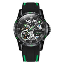 OLEVS 9918 Hollow Dial Silicone Strap Luminous Mechanical Watch for Men(All Black and Green Surface)