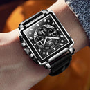 OLEVS 9919 Square Dial Chronograph Luminous Quartz Watch for Men(Black Leather Silver Shell Black Surface)