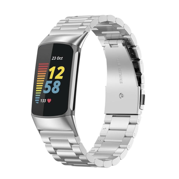 For Fitbit Charge 5 Three-bead Stainless Steel Watch Band(Silver)