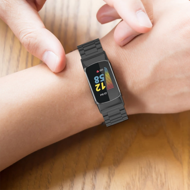 For Fitbit Charge 5 Three-bead Stainless Steel Watch Band(Black)