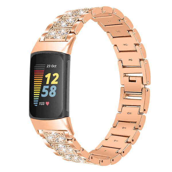 For Fitbit Charge 5 Diamond Stainless Steel Watch Band(Rose Gold)
