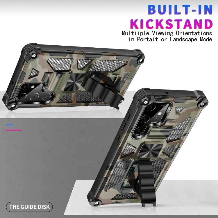 For Samsung Galaxy S22 Ultra 5G Camouflage Armor Shockproof TPU + PC Magnetic Protective Phone Case with Holder(Army Green)