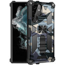For Samsung Galaxy S22 Ultra 5G Camouflage Armor Shockproof TPU + PC Magnetic Protective Phone Case with Holder(Light Blue)