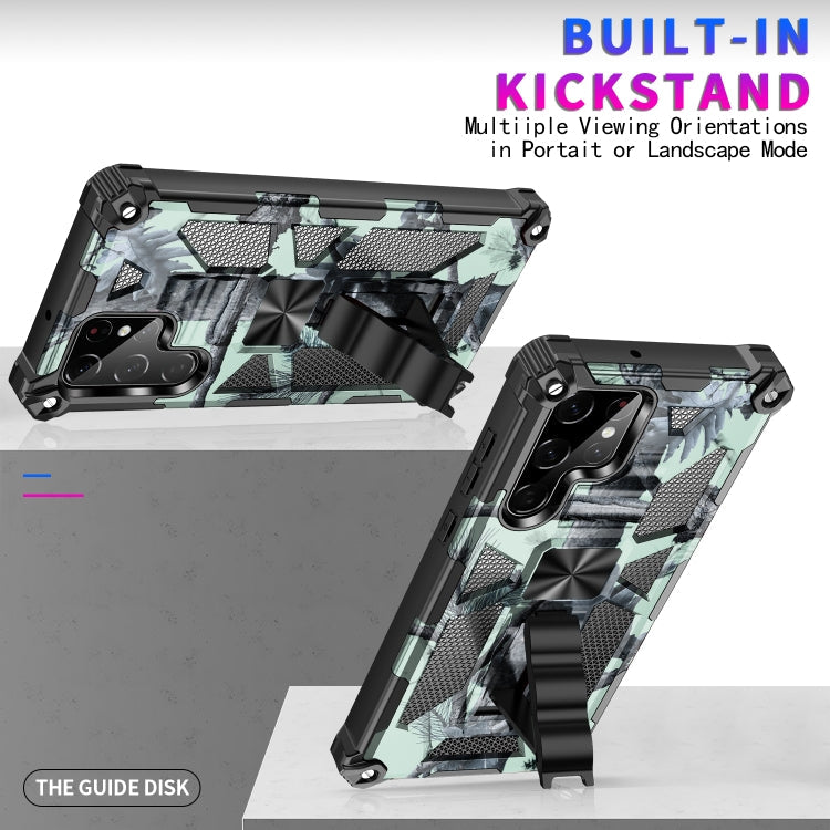 For Samsung Galaxy S22 Ultra 5G Camouflage Armor Shockproof TPU + PC Magnetic Protective Phone Case with Holder(Mint Green)
