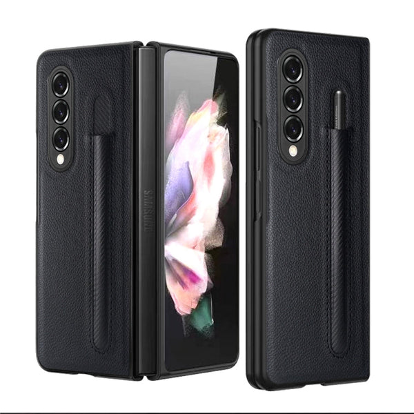 For Samsung Galaxy Z Fold3 5G GKK Foldable Litchi Texture PU + PC Phone Case with Pen Slot(Black)