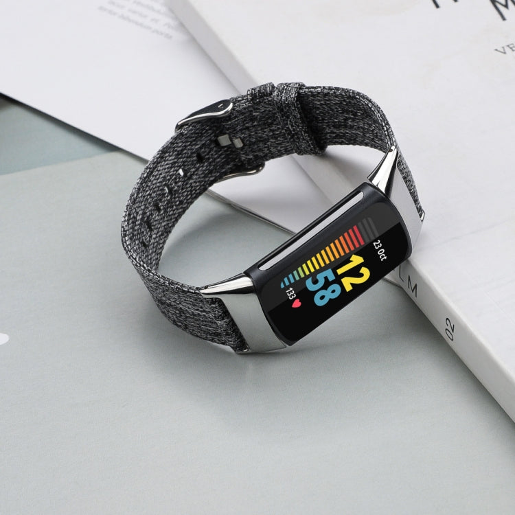 For Fitbit Charge 5 Nylon Canvas Watch Band(Black Grey)