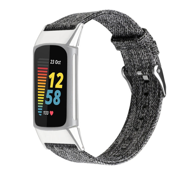 For Fitbit Charge 5 Nylon Canvas Watch Band(Black Grey)