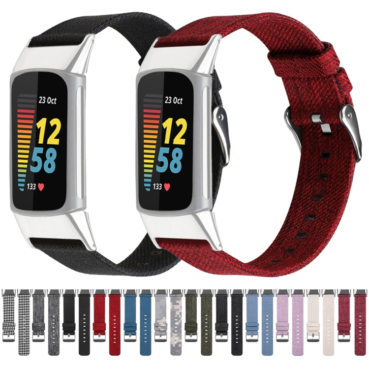 For Fitbit Charge 5 Nylon Canvas Watch Band(Black Grey)