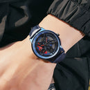 SANDA 1062 360 Degree Hollow Spinning Dial Leather Strap Quartz Watch for Men(Blue)