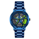 SANDA 1070 3D Oval Hollow Out Wheel Non-rotatable Dial Quartz Watch for Men, Style:Steel Belt(Blue Green)