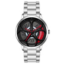 SANDA 1070 3D Oval Hollow Out Wheel Non-rotatable Dial Quartz Watch for Men, Style:Steel Belt(Silver Red)