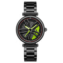 SANDA 1074 3D Hollow Out Wheel Non-rotatable Dial Quartz Watch for Women, Style:Steel Belt(Black Green)