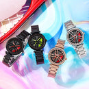 SANDA 1074 3D Hollow Out Wheel Non-rotatable Dial Quartz Watch for Women, Style:Steel Belt(Black Green)