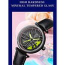 SANDA 1074 3D Hollow Out Wheel Non-rotatable Dial Quartz Watch for Women, Style:Steel Belt(Black Green)