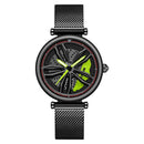SANDA 1074 3D Hollow Out Wheel Non-rotatable Dial Quartz Watch for Women, Style:Mesh Belt(Black Green)