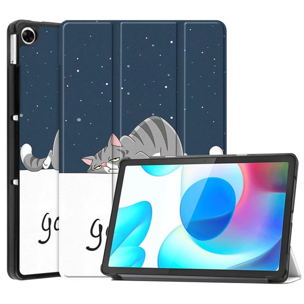 For OPPO Realme Pad 10.4 Custer Painted Horizontal Flip Tablet Leather Case with 3-Fold Holder(Lazy Cat)