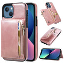 Zipper Wallet Bag PU Back Cover Shockrpoof Phone Case with Holder & Card Slots & Wallet For iPhone 13(Pink)