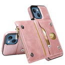 Zipper Wallet Bag PU Back Cover Shockrpoof Phone Case with Holder & Card Slots & Wallet For iPhone 13(Pink)