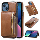 Zipper Wallet Bag PU Back Cover Shockrpoof Phone Case with Holder & Card Slots & Wallet For iPhone 13(Brown)