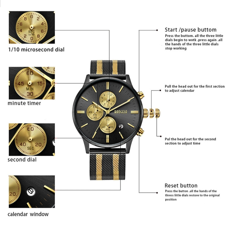 BAOGELA 1611 Small Three-pin Luminous Chronograph Calendar Quartz Watch For Men(Black and Black Gold)