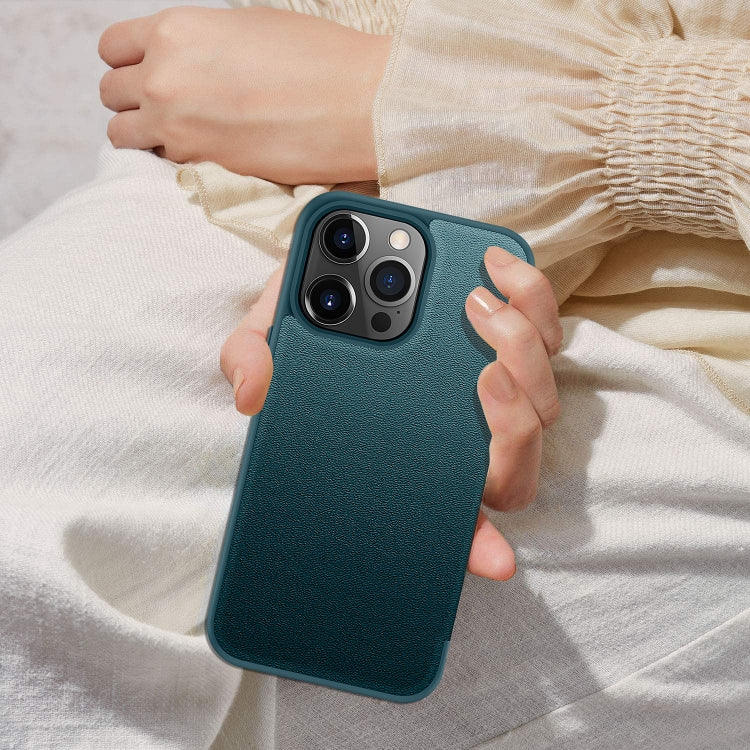 For iPhone 13 Pro Max Magnetic Side Window View Shockproof Horizontal Flip Leather Case (Green)
