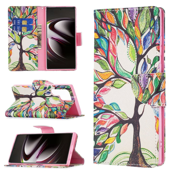 For Samsung Galaxy S22 Ultra 5G Colored Drawing Pattern Horizontal Flip Phone Leather Case with Holder & Card Slots & Wallet(Tree Life)