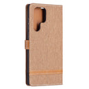 For Samsung Galaxy S22 Ultra 5G Color Matching Denim Texture Leather Case with Holder & Card Slots & Wallet & Lanyard(Brown)