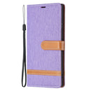 For Samsung Galaxy S22 Ultra 5G Color Matching Denim Texture Leather Case with Holder & Card Slots & Wallet & Lanyard(Purple)