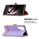 For Samsung Galaxy S22 Ultra 5G Color Matching Denim Texture Leather Case with Holder & Card Slots & Wallet & Lanyard(Purple)
