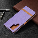For Samsung Galaxy S22 Ultra 5G Color Matching Denim Texture Leather Case with Holder & Card Slots & Wallet & Lanyard(Purple)