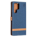For Samsung Galaxy S22 Ultra 5G Color Matching Denim Texture Leather Case with Holder & Card Slots & Wallet & Lanyard(Dark Blue)