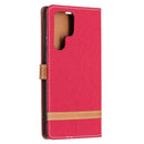 For Samsung Galaxy S22 Ultra 5G Color Matching Denim Texture Leather Case with Holder & Card Slots & Wallet & Lanyard(Red)
