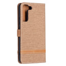 For Samsung Galaxy S22+ 5G Color Matching Denim Texture Leather Case with Holder & Card Slots & Wallet & Lanyard(Brown)