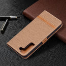 For Samsung Galaxy S22+ 5G Color Matching Denim Texture Leather Case with Holder & Card Slots & Wallet & Lanyard(Brown)