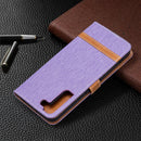 For Samsung Galaxy S22+ 5G Color Matching Denim Texture Leather Case with Holder & Card Slots & Wallet & Lanyard(Purple)