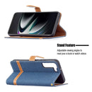 For Samsung Galaxy S22+ 5G Color Matching Denim Texture Leather Case with Holder & Card Slots & Wallet & Lanyard(Dark Blue)