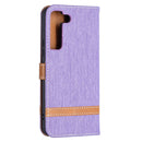 For Samsung Galaxy S22 5G Color Matching Denim Texture Leather Case with Holder & Card Slots & Wallet & Lanyard(Purple)