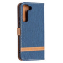 For Samsung Galaxy S22 5G Color Matching Denim Texture Leather Case with Holder & Card Slots & Wallet & Lanyard(Dark Blue)