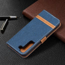 For Samsung Galaxy S22 5G Color Matching Denim Texture Leather Case with Holder & Card Slots & Wallet & Lanyard(Dark Blue)
