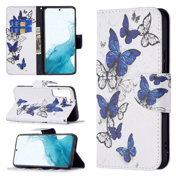For Samsung Galaxy S22+ 5G Colored Drawing Pattern Horizontal Flip Phone Leather Case with Holder & Card Slots & Wallet(Blue Butterflies)