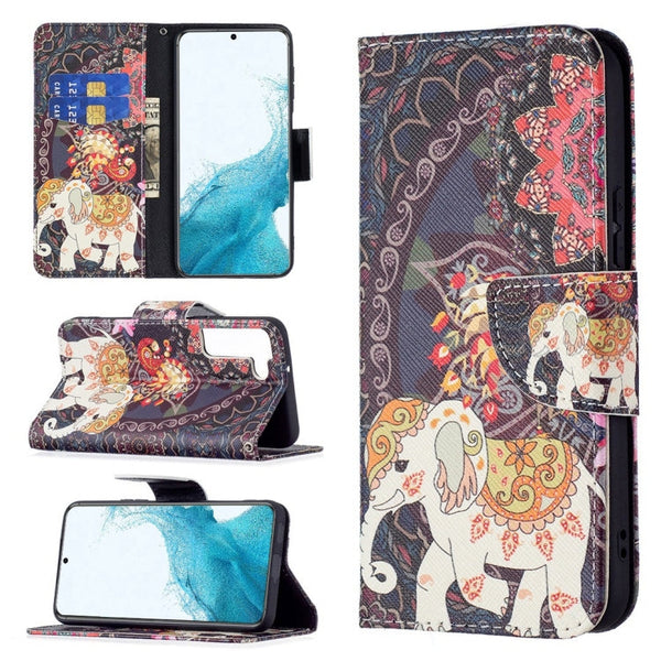 For Samsung Galaxy S22+ 5G Colored Drawing Pattern Horizontal Flip Phone Leather Case with Holder & Card Slots & Wallet(Flowers Elephant)