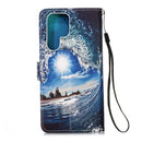 For Samsung Galaxy S22 Ultra 5G Colored Drawing Pattern Plain Weave Leather Phone Case with Holder & Card Slot & Wallet & Lanyard(Ocean Waves and Sun)