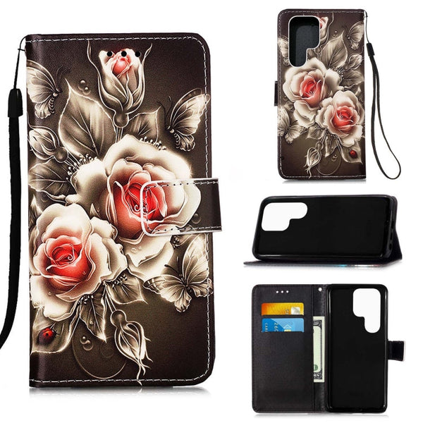 For Samsung Galaxy S22 Ultra 5G Colored Drawing Pattern Plain Weave Leather Phone Case with Holder & Card Slot & Wallet & Lanyard(Rose)